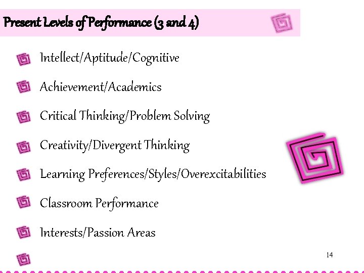 Present Levels of Performance (3 and 4) Intellect/Aptitude/Cognitive Achievement/Academics Critical Thinking/Problem Solving Creativity/Divergent Thinking Present Levels of Performance (3 and 4) Intellect/Aptitude/Cognitive Achievement/Academics Critical Thinking/Problem Solving Creativity/Divergent Thinking