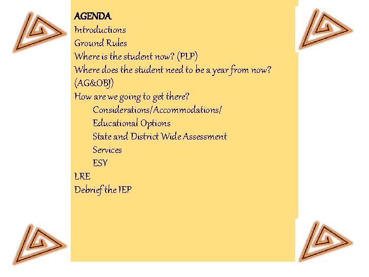 AGENDA Introductions Ground Rules Where is the student now? (PLP) Where does the student AGENDA Introductions Ground Rules Where is the student now? (PLP) Where does the student