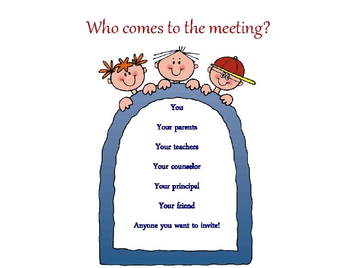 Who comes to the meeting? Your parents Your teachers Your counselor Your principal Your Who comes to the meeting? Your parents Your teachers Your counselor Your principal Your