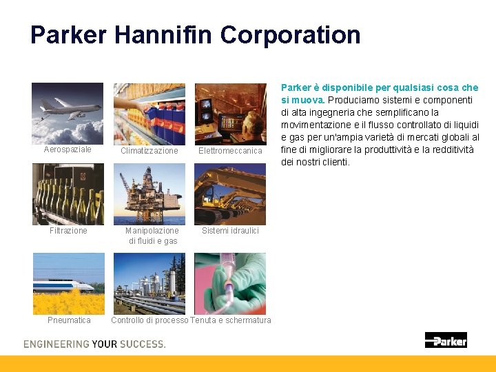 Parker Hannifin Corporation Aerospaziale Filtrazione Pneumatica Climatizzazione Manipolazione di fluidi e gas Elettromeccanica Sistemi