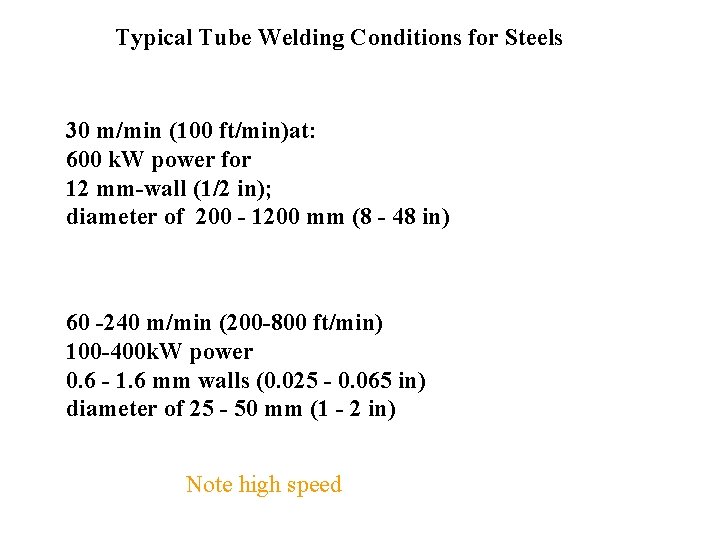 Typical Tube Welding Conditions for Steels 30 m/min (100 ft/min)at: 600 k. W power