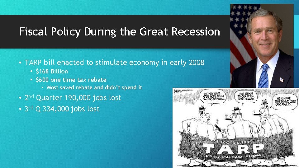 Fiscal Policy During the Great Recession • TARP bill enacted to stimulate economy in