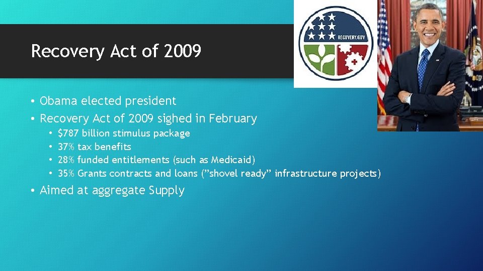 Recovery Act of 2009 • Obama elected president • Recovery Act of 2009 sighed