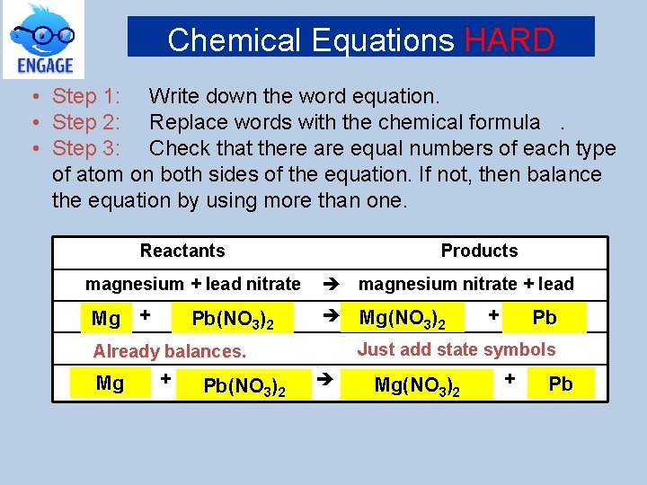 Chemical Equations HARD • • • Step 1: Write down the word equation. Step