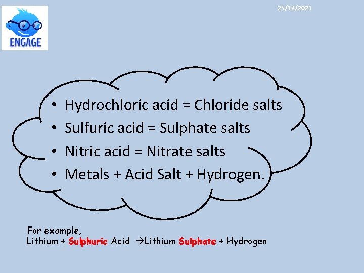 25/12/2021 • • Hydrochloric acid = Chloride salts Sulfuric acid = Sulphate salts Nitric
