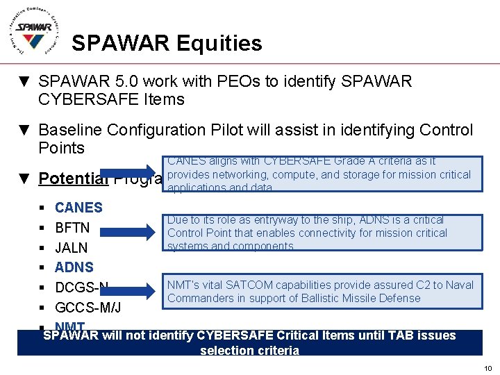 SPAWAR Equities ▼ SPAWAR 5. 0 work with PEOs to identify SPAWAR CYBERSAFE Items