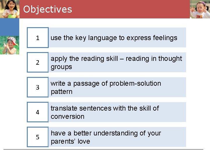 Objectives 1 use the key language to express feelings 2 apply the reading skill