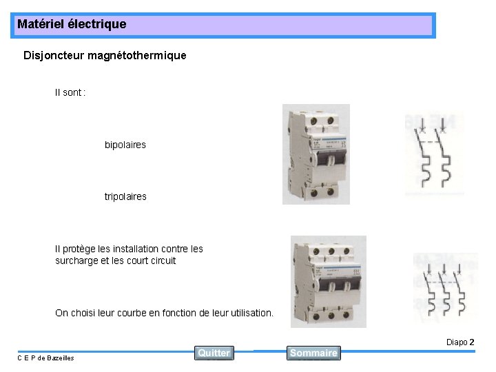 Matériel électrique Disjoncteur magnétothermique Il sont : bipolaires tripolaires Il protège les installation contre