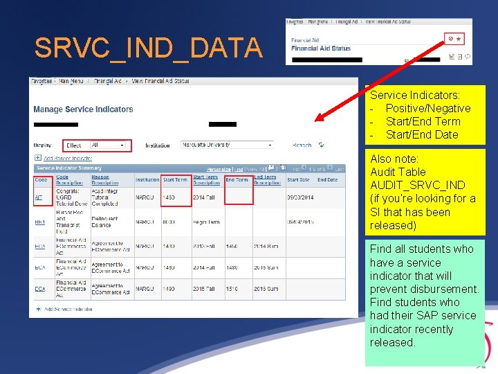 SRVC_IND_DATA Service Indicators: - Positive/Negative - Start/End Term - Start/End Date Also note: Audit SRVC_IND_DATA Service Indicators: - Positive/Negative - Start/End Term - Start/End Date Also note: Audit