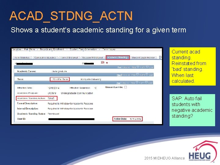 ACAD_STDNG_ACTN Shows a student’s academic standing for a given term Current acad standing. Reinstated ACAD_STDNG_ACTN Shows a student’s academic standing for a given term Current acad standing. Reinstated