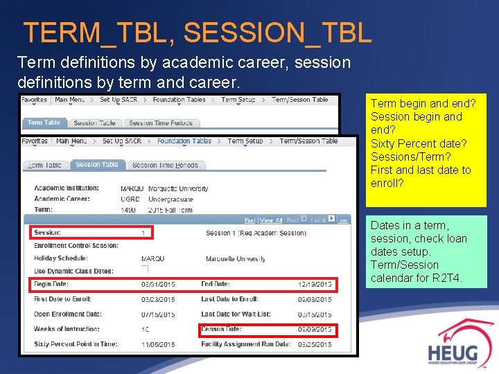 TERM_TBL, SESSION_TBL Term definitions by academic career, session definitions by term and career. Term TERM_TBL, SESSION_TBL Term definitions by academic career, session definitions by term and career. Term