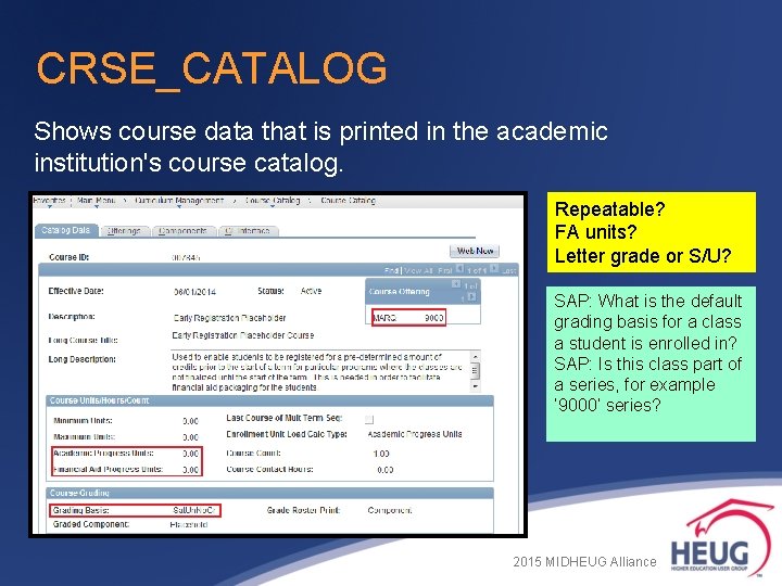 CRSE_CATALOG Shows course data that is printed in the academic institution's course catalog. Repeatable? CRSE_CATALOG Shows course data that is printed in the academic institution's course catalog. Repeatable?