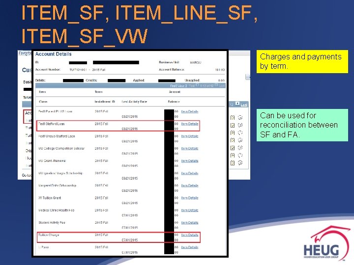 ITEM_SF, ITEM_LINE_SF, ITEM_SF_VW Charges and payments by term. Can be used for reconciliation between ITEM_SF, ITEM_LINE_SF, ITEM_SF_VW Charges and payments by term. Can be used for reconciliation between