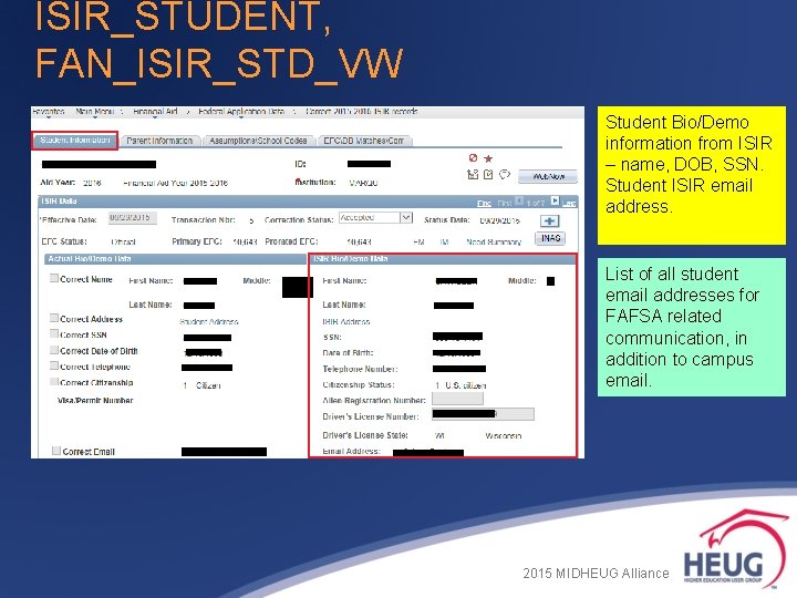 ISIR_STUDENT, FAN_ISIR_STD_VW Student Bio/Demo information from ISIR – name, DOB, SSN. Student ISIR email ISIR_STUDENT, FAN_ISIR_STD_VW Student Bio/Demo information from ISIR – name, DOB, SSN. Student ISIR email