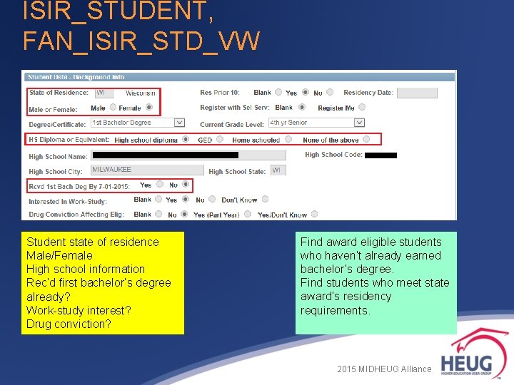 ISIR_STUDENT, FAN_ISIR_STD_VW Student state of residence Male/Female High school information Rec’d first bachelor’s degree ISIR_STUDENT, FAN_ISIR_STD_VW Student state of residence Male/Female High school information Rec’d first bachelor’s degree