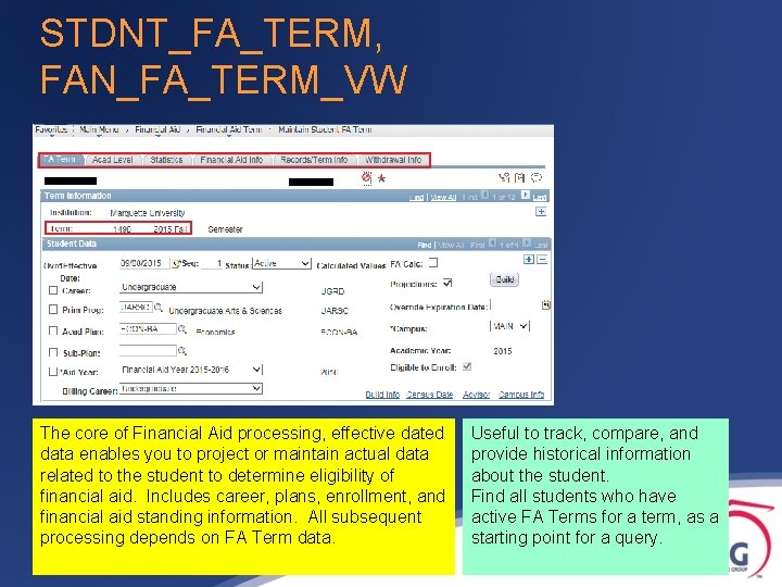 STDNT_FA_TERM, FAN_FA_TERM_VW The core of Financial Aid processing, effective dated data enables you to STDNT_FA_TERM, FAN_FA_TERM_VW The core of Financial Aid processing, effective dated data enables you to