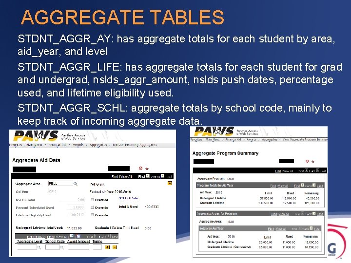 AGGREGATE TABLES STDNT_AGGR_AY: has aggregate totals for each student by area, aid_year, and level AGGREGATE TABLES STDNT_AGGR_AY: has aggregate totals for each student by area, aid_year, and level