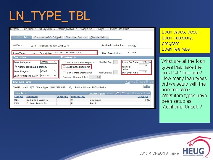LN_TYPE_TBL Loan types, descr Loan category, program Loan fee rate What are all the LN_TYPE_TBL Loan types, descr Loan category, program Loan fee rate What are all the