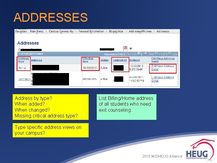 ADDRESSES Address by type? When added? When changed? Missing critical address type? List Billing/Home ADDRESSES Address by type? When added? When changed? Missing critical address type? List Billing/Home
