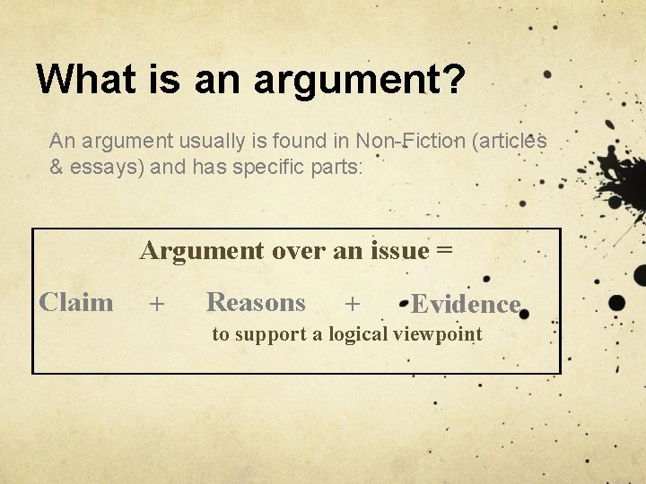 What is an argument? An argument usually is found in Non-Fiction (articles & essays)