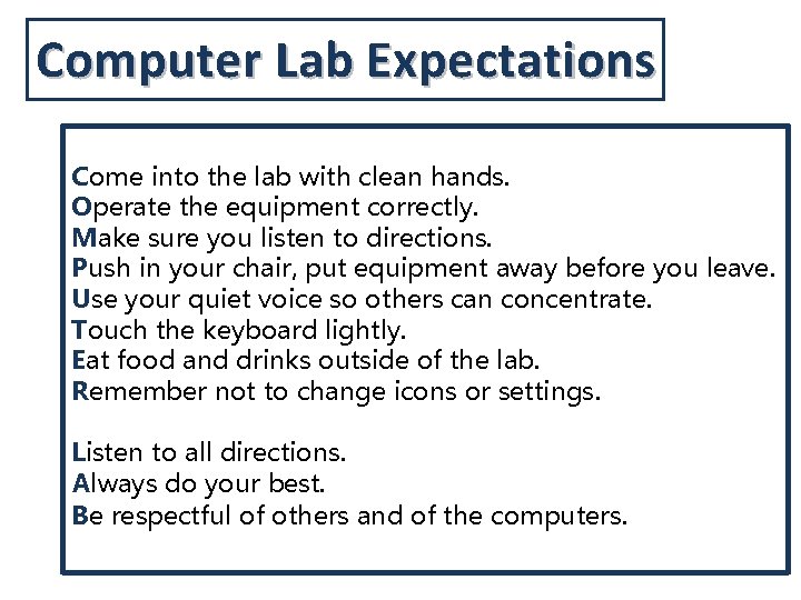 Computer Lab Expectations Come into the lab with clean hands. Operate the equipment correctly. Computer Lab Expectations Come into the lab with clean hands. Operate the equipment correctly.