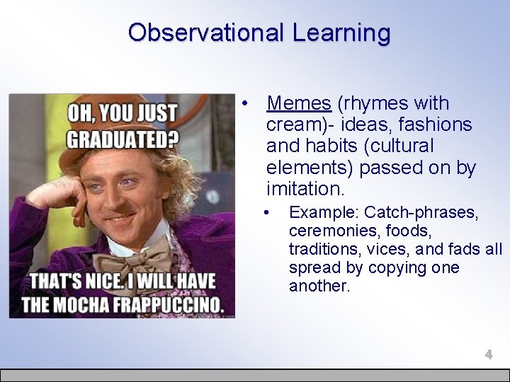 Observational Learning • Memes (rhymes with cream)- ideas, fashions and habits (cultural elements) passed