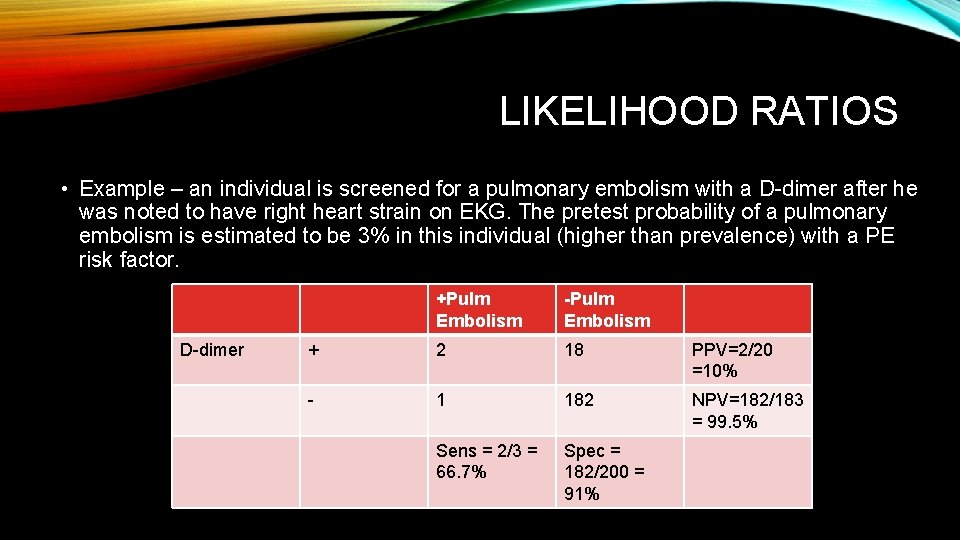 LIKELIHOOD RATIOS • Example – an individual is screened for a pulmonary embolism with