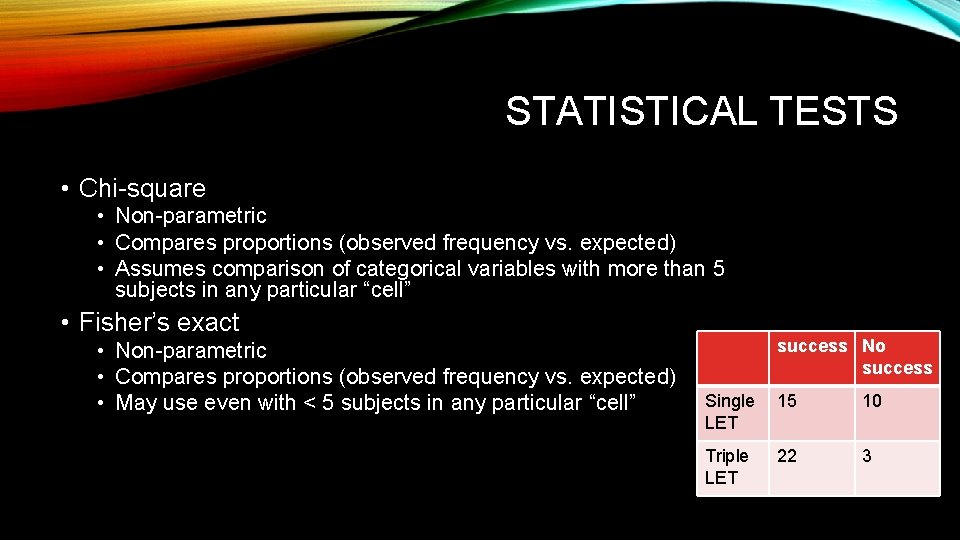 STATISTICAL TESTS • Chi-square • Non-parametric • Compares proportions (observed frequency vs. expected) •