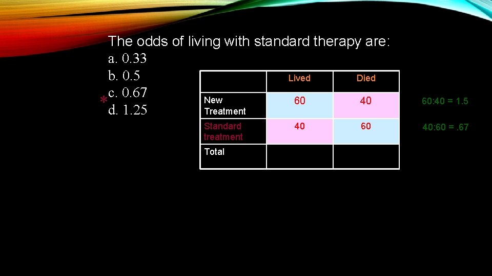 The odds of living with standard therapy are: a. 0. 33 b. 0. 5