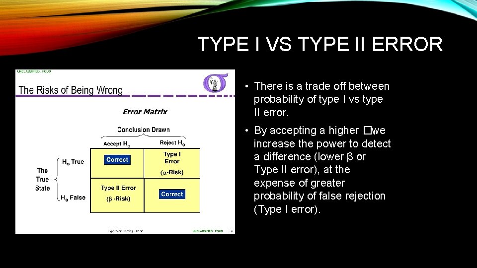 TYPE I VS TYPE II ERROR • There is a trade off between probability