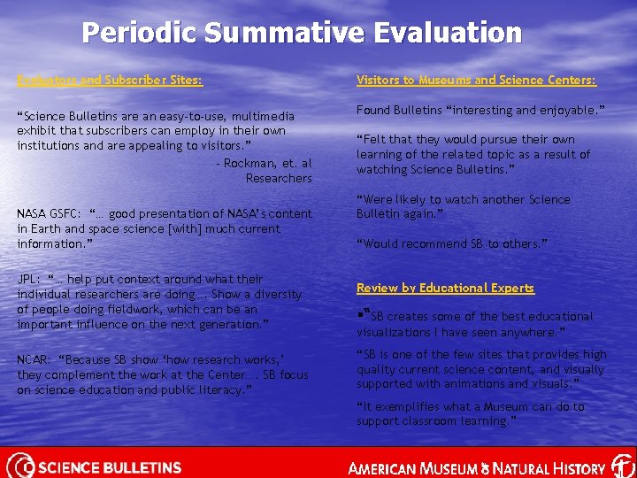 Periodic Summative Evaluation Evaluators and Subscriber Sites: Visitors to Museums and Science Centers: “Science