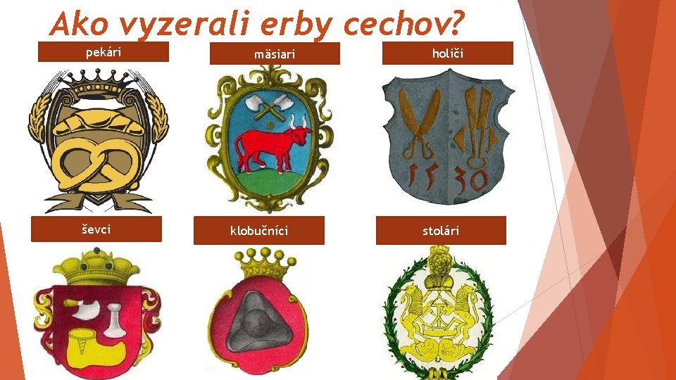 Ako vyzerali erby cechov? pekári ševci mäsiari klobučníci holiči stolári 