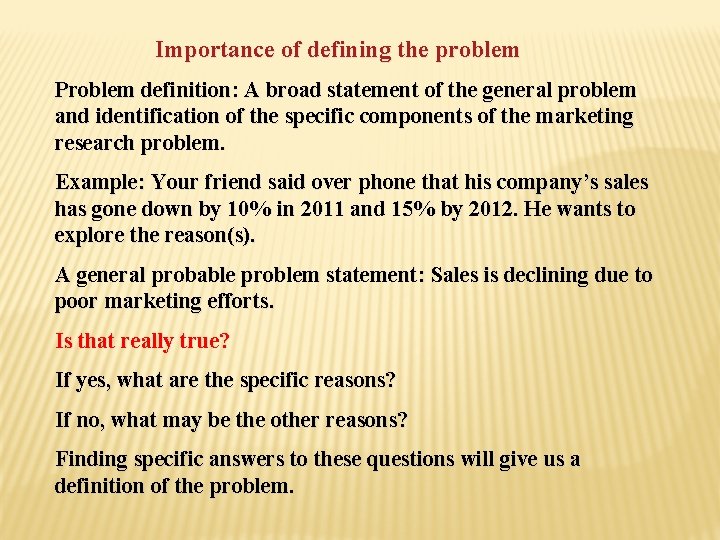 Importance of defining the problem Problem definition: A broad statement of the general problem