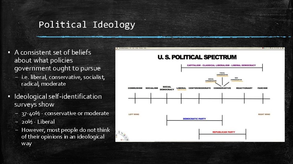 Political Ideology ▪ A consistent set of beliefs about what policies government ought to