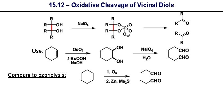 15. 12 – Oxidative Cleavage of Vicinal Diols Use: Compare to ozonolysis: 