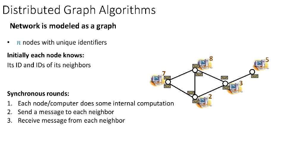 Distributed Graph Algorithms Network is modeled as a graph 8 5 7 3 2 Distributed Graph Algorithms Network is modeled as a graph 8 5 7 3 2