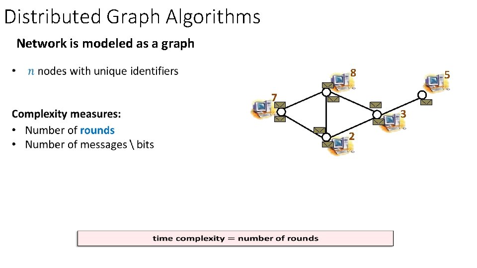 Distributed Graph Algorithms Network is modeled as a graph 8 5 7 3 2 Distributed Graph Algorithms Network is modeled as a graph 8 5 7 3 2