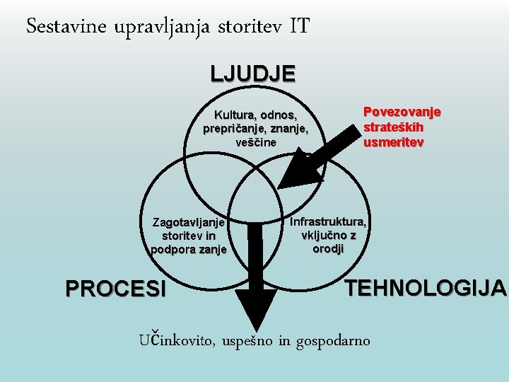 Sestavine upravljanja storitev IT LJUDJE Kultura, odnos, prepričanje, znanje, veščine Zagotavljanje storitev in podpora