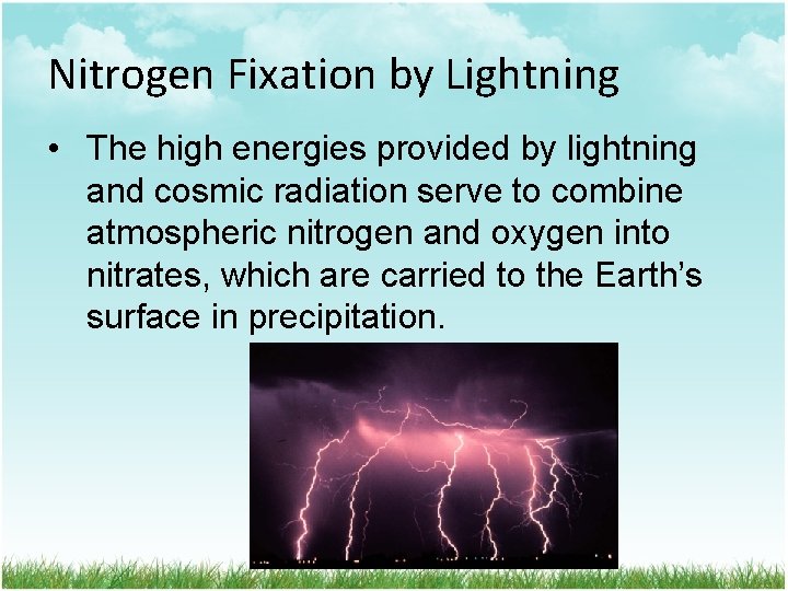 Nitrogen Fixation by Lightning • The high energies provided by lightning and cosmic radiation