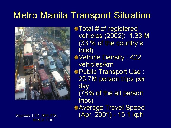 Metro Manila Transport Situation Sources: LTO, MMUTIS, MMDA TOC Total # of registered vehicles