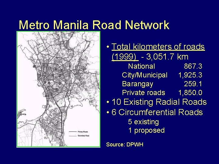 Metro Manila Road Network • Total kilometers of roads (1999) - 3, 051. 7