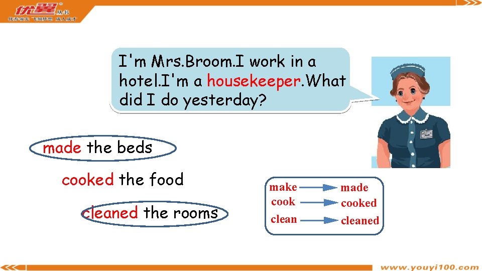 I'm Mrs. Broom. I work in a hotel. I'm a housekeeper. What did I