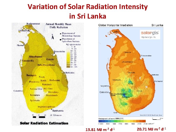 Variation of Solar Radiation Intensity in Sri Lanka 13. 81 MJ m-2 d-1 20.
