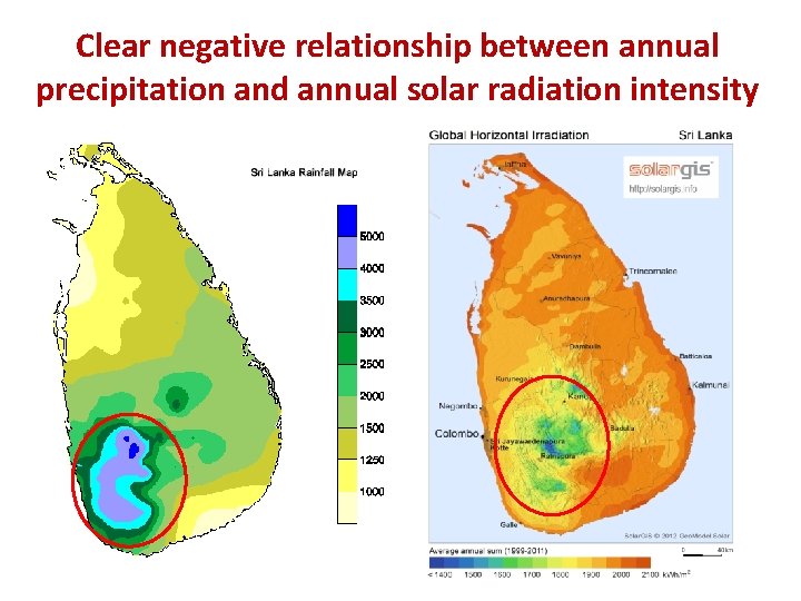 Clear negative relationship between annual precipitation and annual solar radiation intensity 