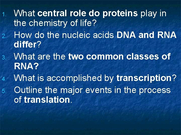 1. 2. 3. 4. 5. What central role do proteins play in the chemistry