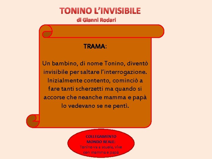 TONINO L’INVISIBILE di Gianni Rodari TRAMA: Un bambino, di nome Tonino, diventò invisibile per