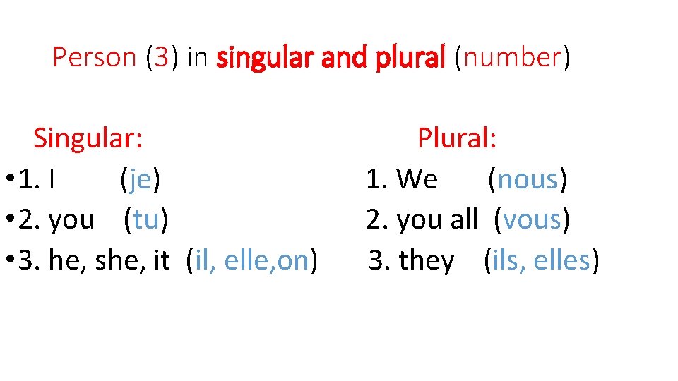 Person (3) in singular and plural (number) Singular: • 1. I (je) • 2.