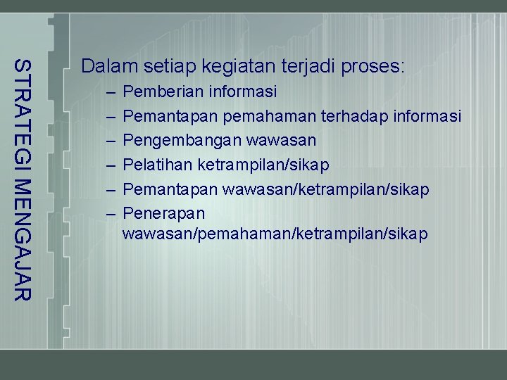 STRATEGI MENGAJAR Dalam setiap kegiatan terjadi proses: – – – Pemberian informasi Pemantapan pemahaman