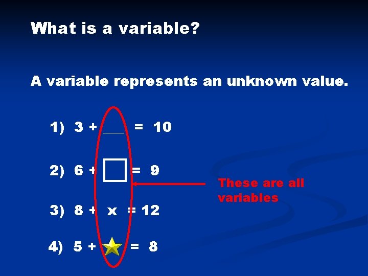 What is a variable? A variable represents an unknown value. 1) 3 + ___