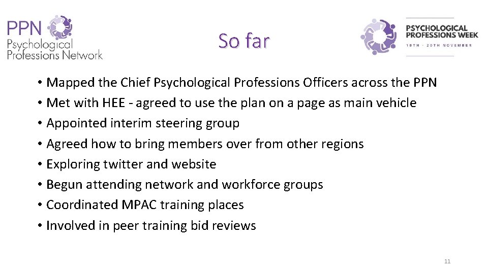 So far • Mapped the Chief Psychological Professions Officers across the PPN • Met